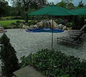 a hot tub with room for 19, outdoor living, patio, pool designs, spas, Spool with a paver patio embedded umbrellas and a gas fire pit Built on Long Island by See more creative photos at