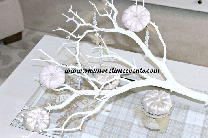 painted pumpkin centerpiece, crafts, seasonal holiday decor, Pumpkins painted faux crystals tulle places on a birch branch