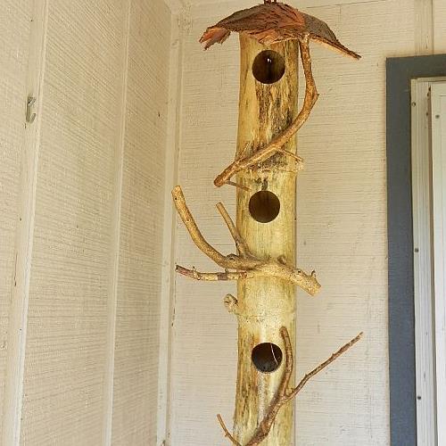bamboo birdhouse, outdoor living, pets animals, BIRDHOUSE MADE FROM LARGE PIECE OF BAMBOO WITH TWIG PERCHES AND BARK ROOF