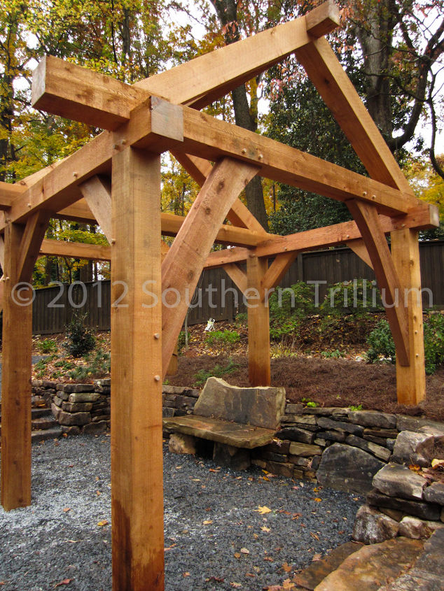 timber frame garden structure, outdoor living, woodworking projects, Looking into the structure