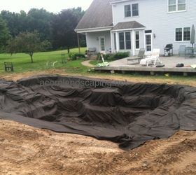 gorgeous ecosystem waterfall garden pond monroe county rochester ny, landscape, outdoor living, ponds water features, Landscape fabric installed This will help protect the rubber liner that will go over it