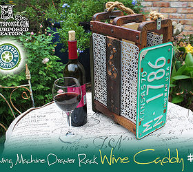 wine caddy made by repurposing sewing machine drawer racks, repurposing upcycling, I created this repurposed wine caddy with metal screen Kansas license plates and a lot of custom woodwork by GadgetSponge com