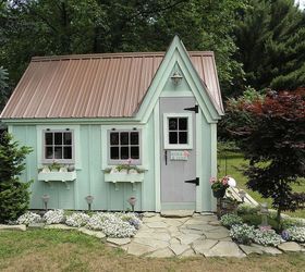 mirabella and isadora s cottage, home decor, We painted the cottage green with a lighter green for the trim and flower boxes We used lavender for other accents There is a double door with a ramp that opens to the right not in picture