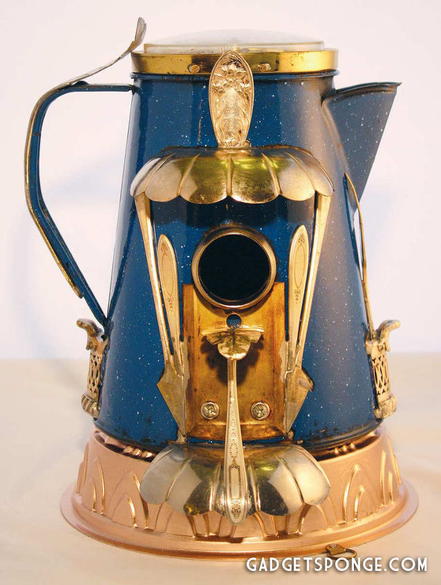 repurposed upcycled custom birdhouse de cafe azul pot silverware, Repurposed Upcycled Custom Metal Blue Coffee Pot Kettle Birdhouse por GadgetSponge com