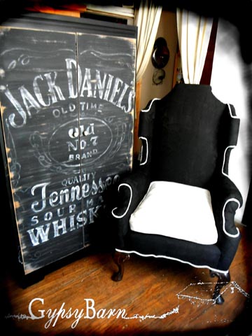 my fun with painting furniture take 1, chalkboard paint, home decor, painted furniture, My Giant liquor cabinet made from an old wardrobe I had permission from JDS legal team to use that logo No worries Oh ya and the Wing back I painted