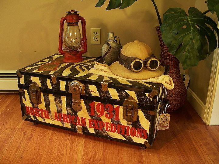 upcycled trunk with explorer theme, painted furniture