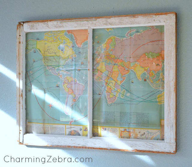 vintage map window, crafts, repurposing upcycling