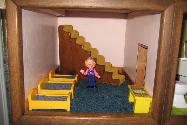 doll house created from chest of drawers, Bedroom with movable stairs