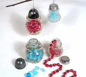 crystal ornaments made from vintage salt shakers, christmas decorations, repurposing upcycling, seasonal holiday decor, Fill them with light plastic beads inexpensive Mardi Gras strands or even little fabric swatches to pop the color