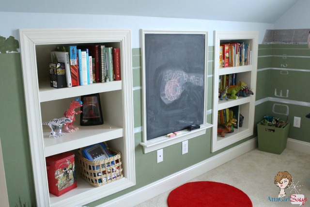dream boy s bedroom amp playroom, home decor, Built in bookshelves flank a built in chalkboard in this child s playroom