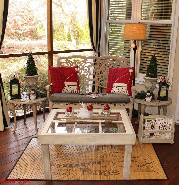 a vintage christmas on the porch, christmas decorations, outdoor living, repurposing upcycling, seasonal holiday decor, My husband and I made this vintage window table It s a great size because it s small only six panes