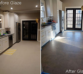 stencil your floor with our shipibo stencil, flooring, painting, Before After of kitchen floor glazed