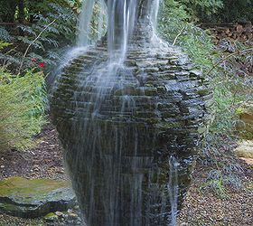 pond and waterfall in suburban chicago, gardening, outdoor living, ponds water features, A stacked slate fountain urn becomes architecture in the garden