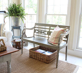 refreshed sunroom, home decor, Brought this bench in from another area of the house I painted it in this blue gray color