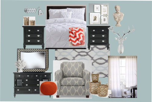 master bedroom story board in blacks icy blues and billowy whites, bedroom ideas, home decor