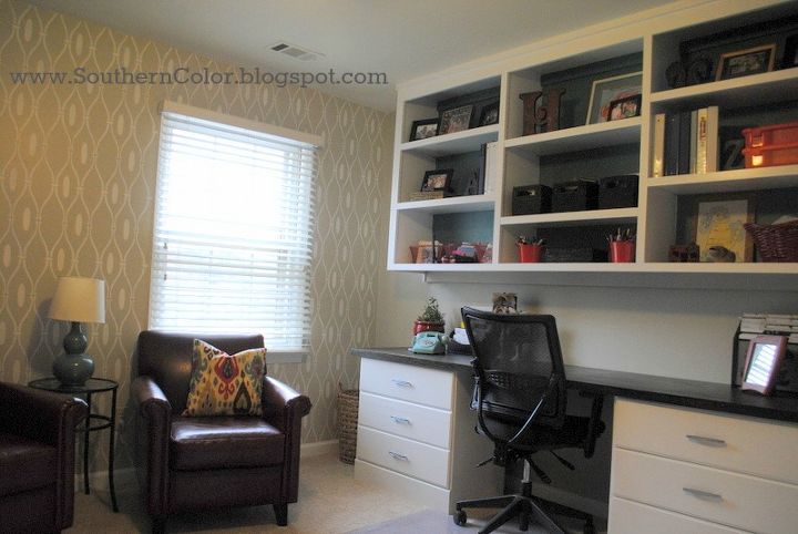 office makeover stencil wall custom bookshelves, craft rooms, home decor, home office, shelving ideas, Office Makeover at Southern Color