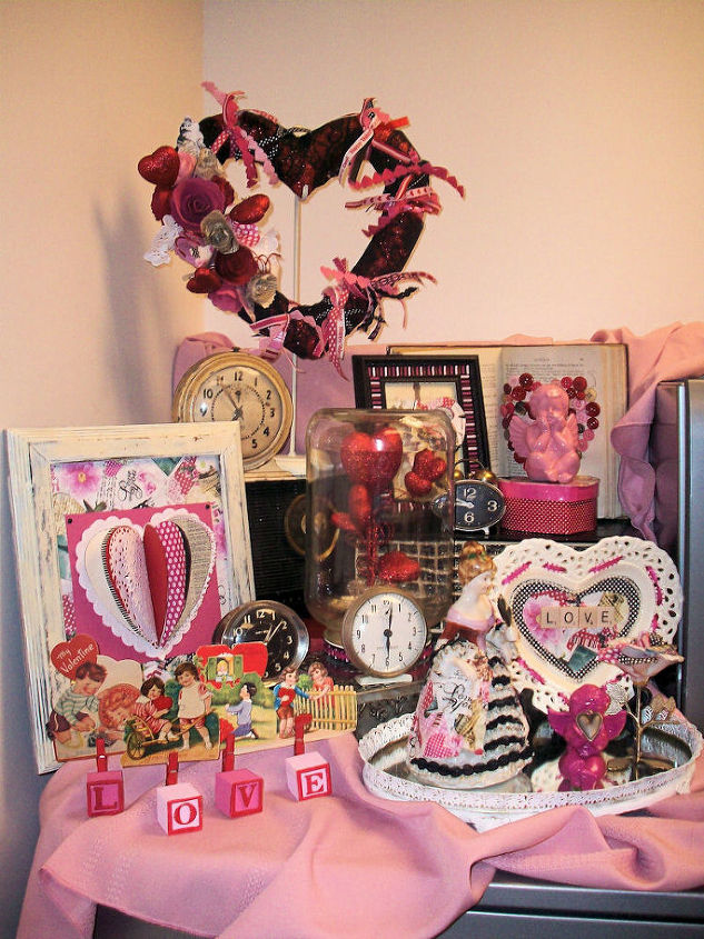 vintage glam valentine s desk vingette, crafts, seasonal holiday decor, valentines day ideas, wreaths, This all started from a fabric I found at Hobby Lobby I loved the vintage and glam mixture of it I knew I d have to use it throughout the display It kinda took on a life of it s own