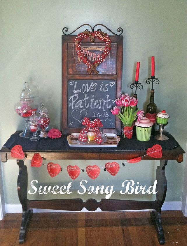 valentine s day vignette, crafts, seasonal holiday decor, valentines day ideas, wreaths, Here it is The doily and washi tape and baker s twine banner only took 5 minutes to make and cost less than 5