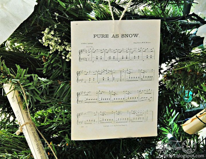 an old fashioned christmas tree, seasonal holiday d cor, Antique sheet music scanned and reduced in size make inexpensive and beautiful ornaments
