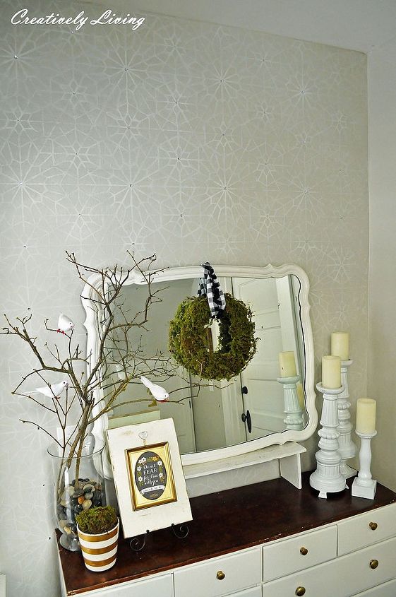 entryway stencil wall from royale design studio with rhinestones, foyer, home decor, painted furniture