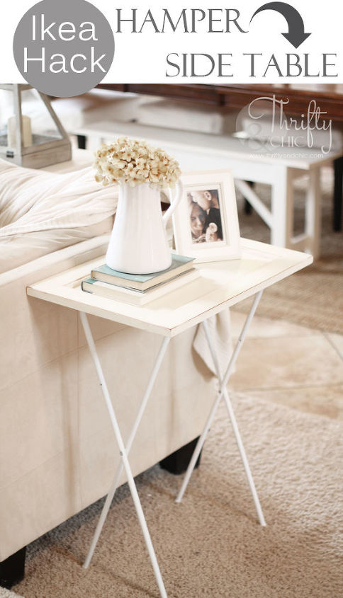 hamper turned into side table, home decor, living room ideas, painted furniture, repurposing upcycling, Ikea hack Hamper and cabinet door into cute little side table