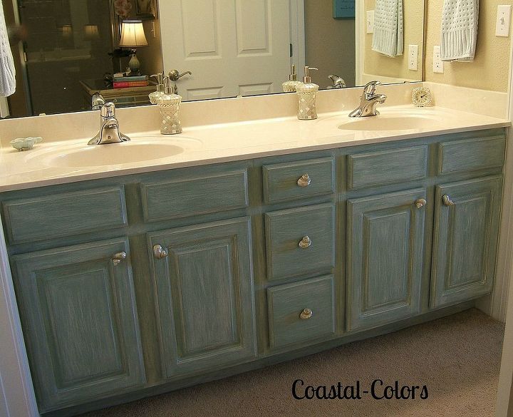 beachy bathroom cabinets, bathroom ideas, kitchen cabinets, painting, Completed this project took me ten hours I did wait the suggested drying times on the products I used