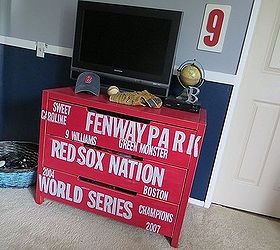 subway style baseball dresser for my redsox fans ikea hack, painted furniture, The lettering overlaps the drawer ends for more authenticity subway dresser ikeahack redsox