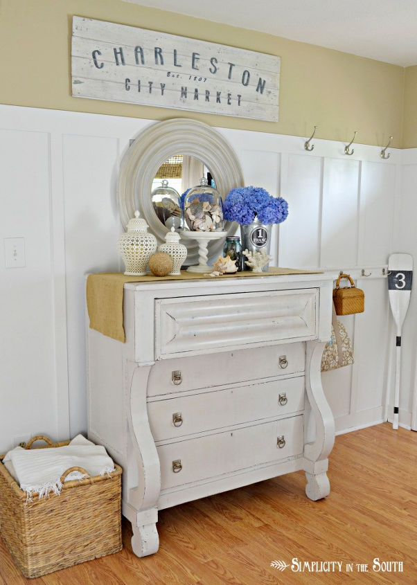 a simple summer vignette, home decor, The empire chest by our front door holds most of the decorating items that I rotate throughout the year See the link in the post to see how it has changed each season