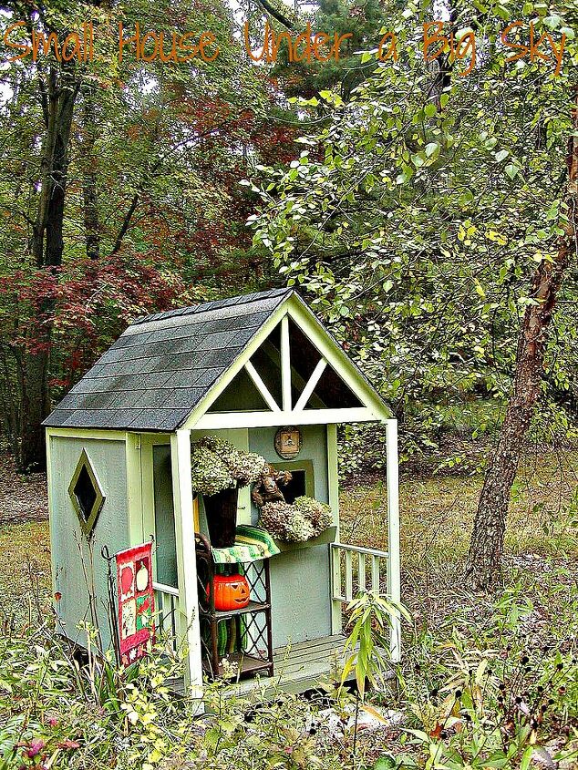 autumn in the white oak garden playhouse, gardening, outdoor living, seasonal holiday decor, The playhouse sits in the meadow against the Oak Savannah Forest