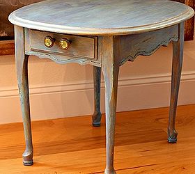 boring side table painted in gorgeous sea glass blue table, painted furniture, My table with its complete makeover Santa Fe Turquoise with a wash of Maine Harbor Blue El Dorado Gold Metallic wax and finished in CeCe Caldwell s hard wearing Endurance