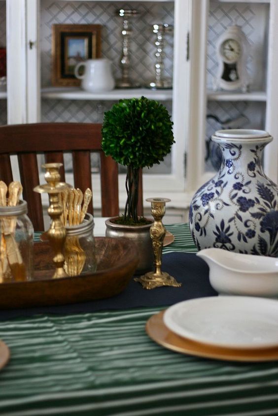 blue green and gold fall tablescape, seasonal holiday decor