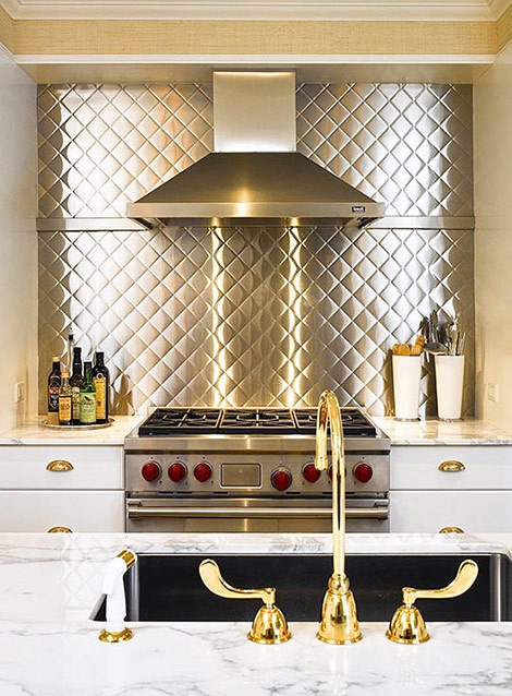 trendy and unique backsplash ideas, home decor, kitchen backsplash, kitchen design, wall decor, Stainless steel pressed in a pattern is shiny solid no grout lines and easy to clean Source