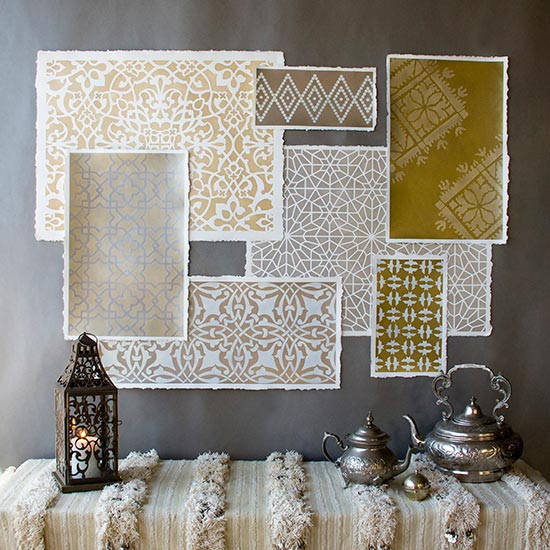 how to stencil moroccan stencils in metallics for amazing wall art, painting, A beautiful array of Moroccan Stencils painted in luxurious Metallic Stencil Cremes