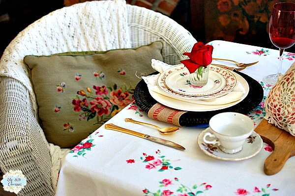 romantic valentine tablescape for two, seasonal holiday d cor, valentines day ideas, Wicker chair from Goodwill pillow from garage sale