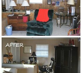 how to paint paneling like a pro, paint colors, painting, wall decor, Most 1960 s homes come with a bar which I use as a desk in our office area Top portion is previous owners decor Bottom portion is after painting and adding our furnishings I ll eventually paint the counter top on the desk bar