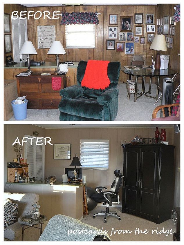 how to paint paneling like a pro, paint colors, painting, wall decor, Most 1960 s homes come with a bar which I use as a desk in our office area Top portion is previous owners decor Bottom portion is after painting and adding our furnishings I ll eventually paint the counter top on the desk bar