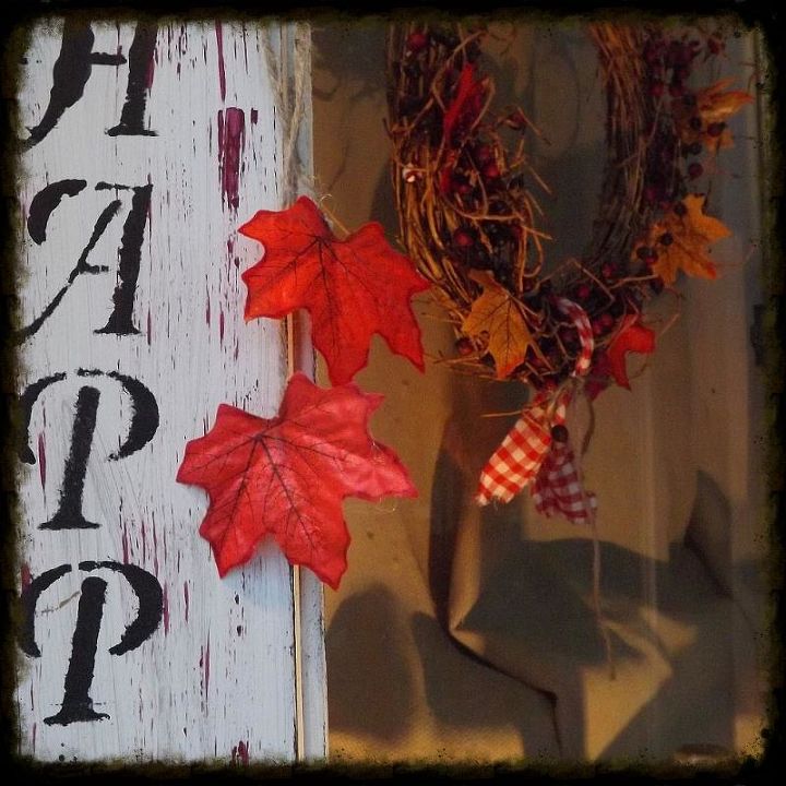 i have crafted some fun d cor for my front porch come take a look, curb appeal, repurposing upcycling, seasonal holiday decor, wreaths, Foe leaves are colorful to add to d cor I hung some with cording bows on the sign