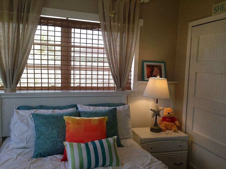 cottage beach guest bedroom, bedroom ideas, home decor, My husband installed board and batten around the room As well as new bypass closet doors