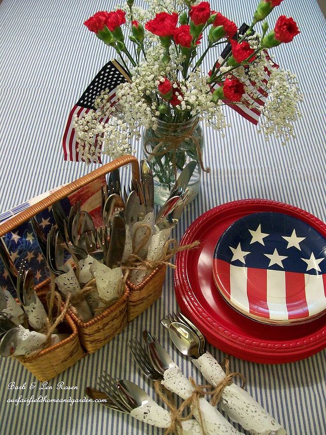 patriotic picnic bbq happy memorial day, outdoor living, patriotic decor ideas, seasonal holiday decor, Coordinating napkins and plates and a woven basket tote add to the fun