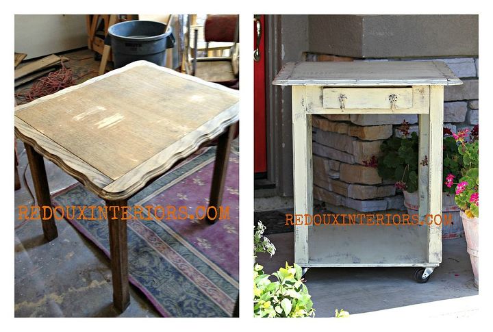upcycle your table to a rolling kitchen island or work table, painted furniture, repurposing upcycling, woodworking projects, Solid Table but not useful with the square shape and bulky legs A coat of CeCe Caldwell s Texas Prairie a piece of MDF and wheels Instant Kitchen Island