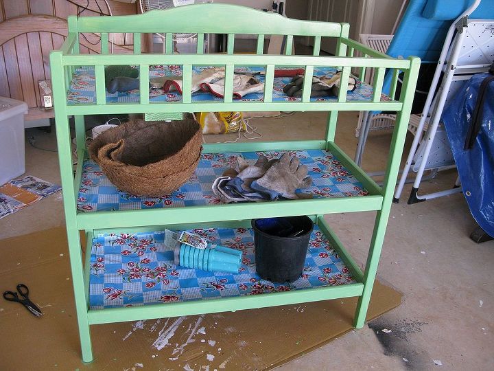 potting bench from baby change table, painted furniture, repurposing upcycling, Some screws on the sides make it possible to hang a hand trowel and a hand fork