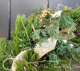 nature inspired holiday decor, christmas decorations, seasonal holiday decor, wreaths, Repeating the natural look by adding clippings and more burlap gives a store bought wreath a custom look