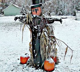 scarecrow love, outdoor living, seasonal holiday decor, An early Michigan snow caught this scarecrow unaware