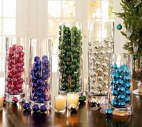 ornaments under glass, christmas decorations, seasonal holiday decor, Grouping vases in various heights makes a greater impact