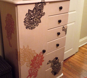 fab diy furniture stenciling ideas with royal design studio stencils, painted furniture, Lacy stencil motifs in a random pattern liven up a family hand me down