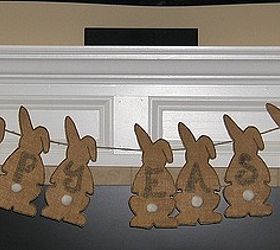 burlap easter bunny banner, crafts, easter decorations, seasonal holiday decor, I stenciled letters onto the bunnies with a Sharpie pen I also outlined each bunny to help it stand out I hot glued the bunnies to sisal twine but you could chose a ribbon