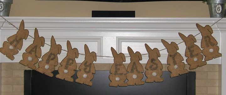 burlap easter bunny banner, crafts, easter decorations, seasonal holiday decor, I stenciled letters onto the bunnies with a Sharpie pen I also outlined each bunny to help it stand out I hot glued the bunnies to sisal twine but you could chose a ribbon