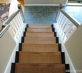 before and after staircase makeover, The stairs with sisal treads