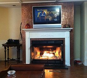 penny covered fireplace, diy, fireplaces mantels, home decor, how to, living room ideas, wall decor