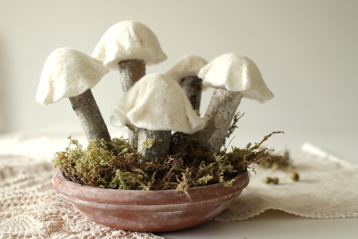 felt white birch branch mushrooms, crafts, seasonal holiday decor, Mushrooms add a little woodland fun to any decor
